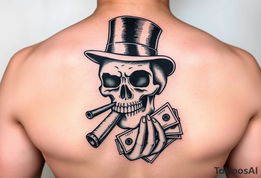 skull with mustache,a big cigar in his mouth,a top-hat on his head and alot of money in a hand. tattoo idea