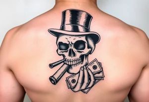skull with mustache,a big cigar in his mouth,a top-hat on his head and alot of money in a hand. tattoo idea