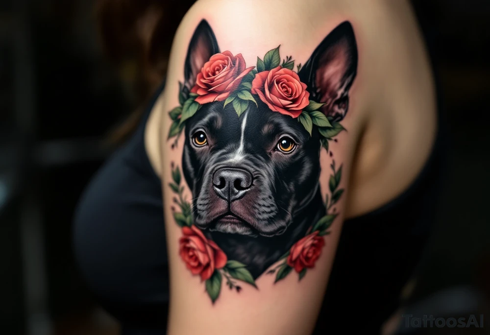 Stafford with Flowers – A soft black Staffordshire Bull Terrier with a wreath of realistic red roses and green leaves around its neck, blending toughness with gentleness. tattoo idea