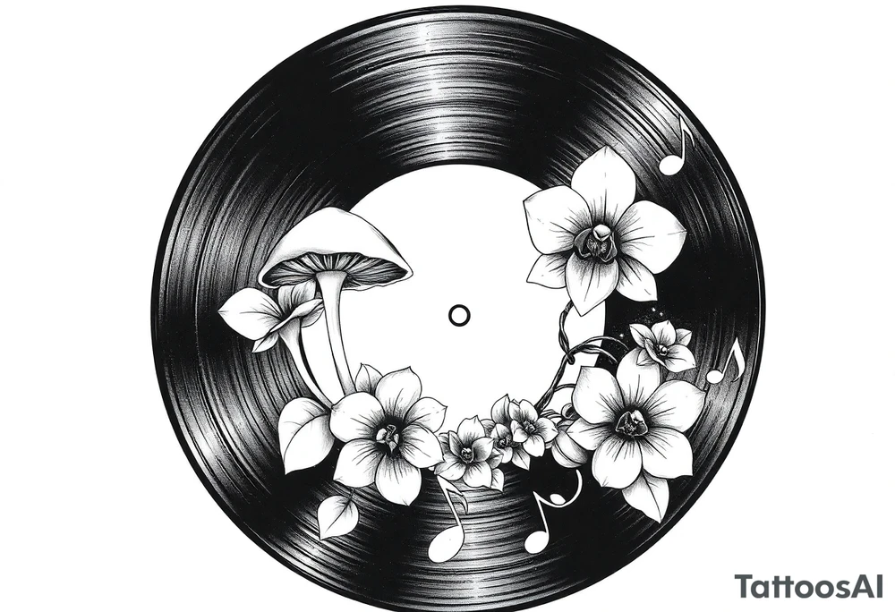 one black and white vinyl record with mushrooms, two orchids, and music notes around it tattoo idea