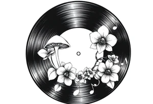 one black and white vinyl record with mushrooms, two orchids, and music notes around it tattoo idea