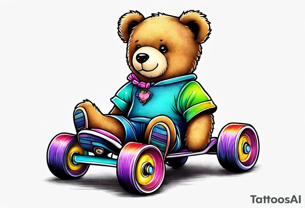 a teddy bear, wearing cute, pastel rainbow roller skates tattoo idea
