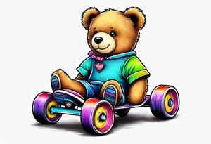 a teddy bear, wearing cute, pastel rainbow roller skates tattoo idea