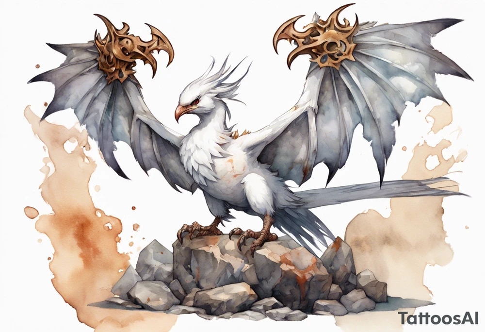 a white bird-wyvern hybrid, wearing a rusted iron crown, perched on a stone tattoo idea