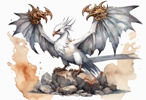 a white bird-wyvern hybrid, wearing a rusted iron crown, perched on a stone tattoo idea