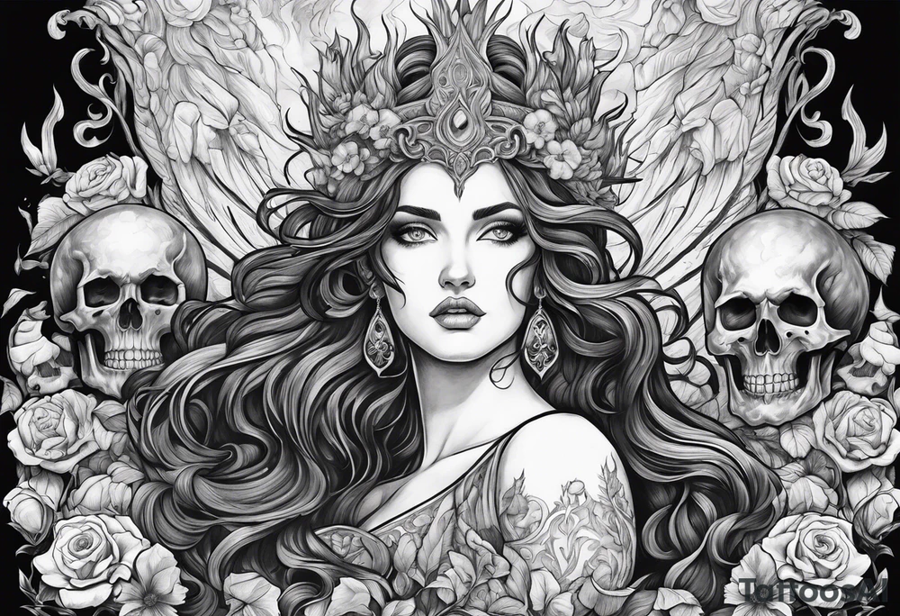 Hades and Persephone in Hell surrounded by skulls and fire tattoo idea Hades and Persephone in Hell surrounded by skulls and fire tattoo idea