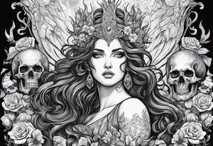 Hades and Persephone in Hell surrounded by skulls and fire tattoo idea