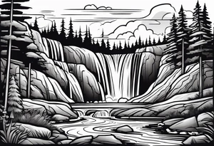 waterfall going into a river with a camp site in Australia tattoo idea