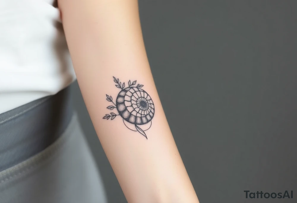 Fibonacci spiral shell inside of tree of leaves tattoo idea