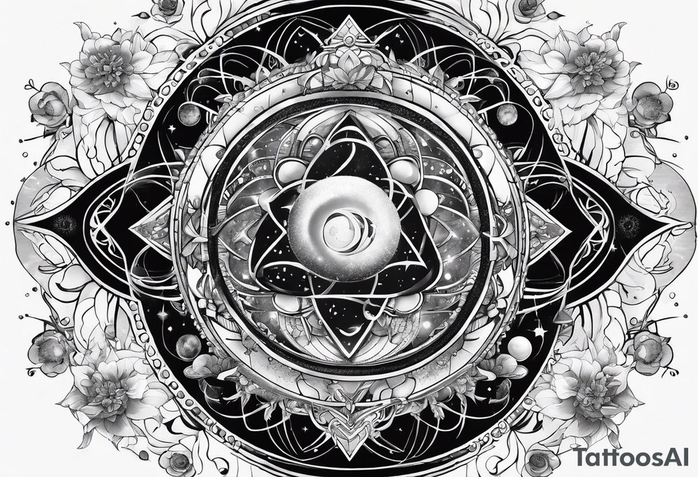 universe full of atoms and spiritual symbols tattoo idea
