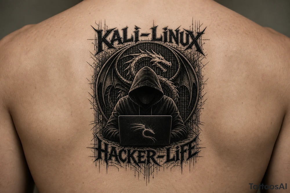 the kali linux dragon in the background of a hacker in black hoodie sitting behind a laptop hacking with the words Kali-Linux accross the top and Hacker-Life accross the bottom and the letters need to be in hacker colors tattoo idea