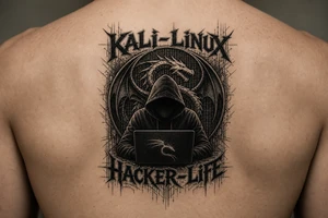 the kali linux dragon in the background of a hacker in black hoodie sitting behind a laptop hacking with the words Kali-Linux accross the top and Hacker-Life accross the bottom and the letters need to be in hacker colors tattoo idea