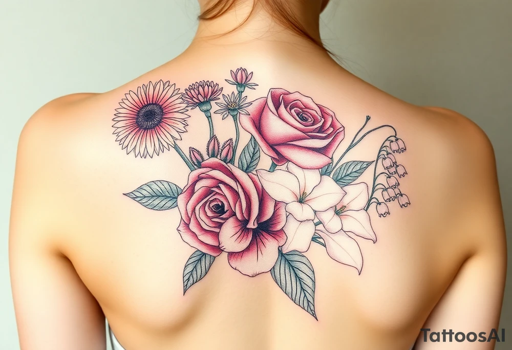 Bouquet of flowers with a aster, carnation, rose, Lily of the valley, delphinium with stems Starting upper middle back to right shoulder tattoo idea