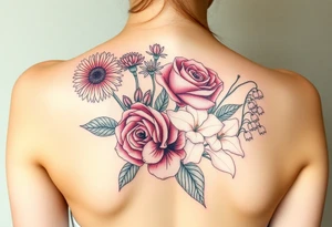 Bouquet of flowers with a aster, carnation, rose, Lily of the valley, delphinium with stems Starting upper middle back to right shoulder tattoo idea