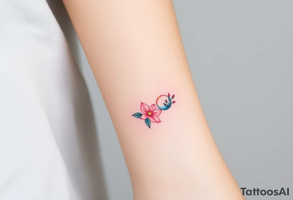 Design a very small (max 2x2 cm) tattoo for the inner wrist that subtly symbolizes lesbian identity. It should be minimal and delicate — possibly fine line or soft color. The design must be discreet yet meaningful, not instantly recognizable as LGBTQ but with layered symbolism. Think of subtle elements like intertwined female symbols, abstract sapphic references, or a hidden double meaning through nature (e.g. flowers, moons, triangles). Avoid clichés or bold pride imagery. Keep it elegant, wearable, and intimate. tattoo idea