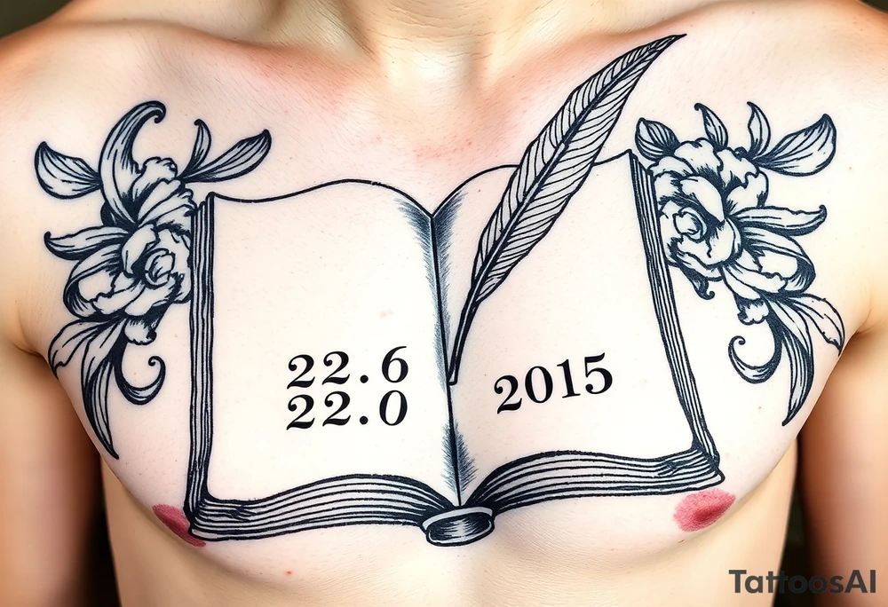 An open book with a quill writing the wedding date 22. 08. 2015 tattoo idea