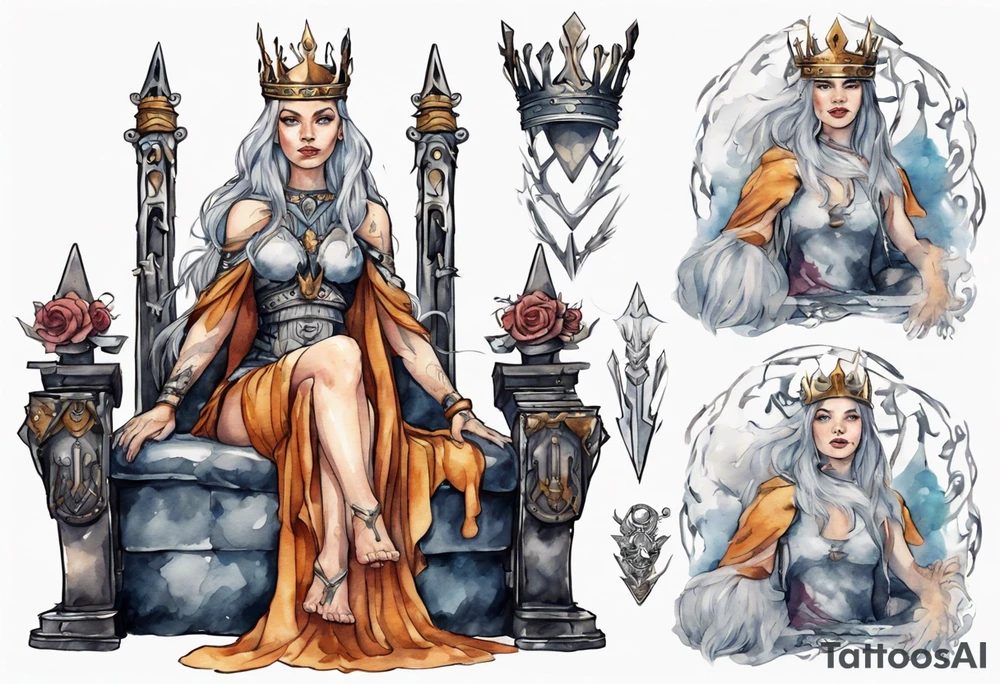 a norse queen with an iron crown sitting on a throne tattoo idea