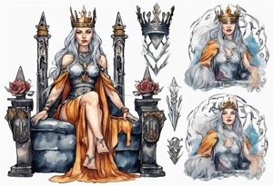 a norse queen with an iron crown sitting on a throne tattoo idea