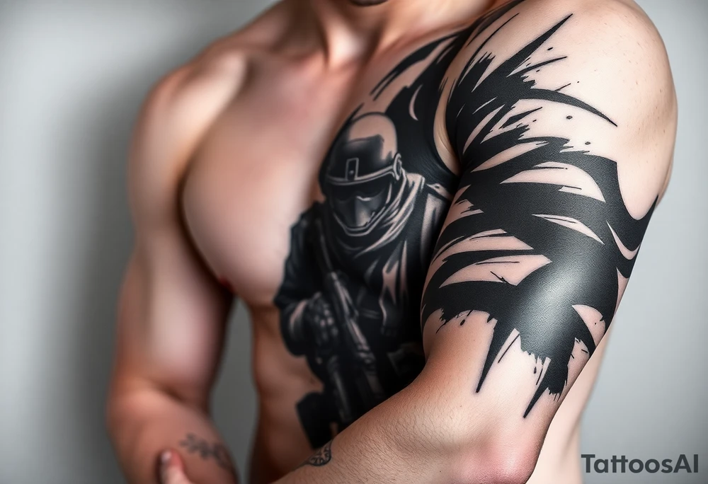 Minimalist covert operative symbolism representing loyalty and survival, faceless soldier silhouette emerging from darkness, torn fabric, subtle scars, controlled posture, black and grey realism, emotional restraint, understated strength, tattoo sleeve element. tattoo idea