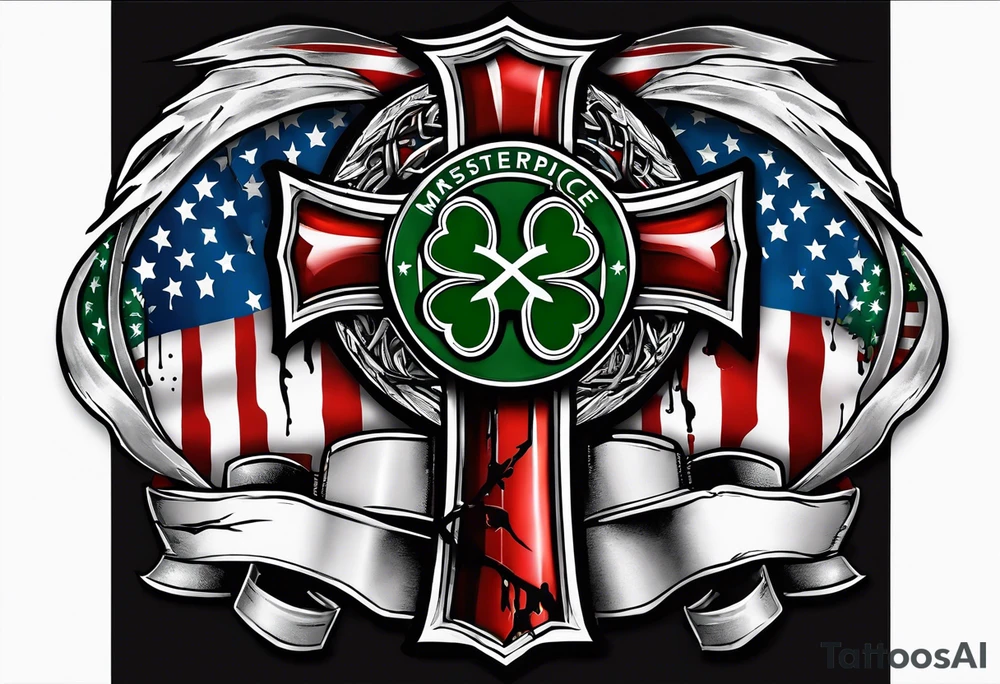 Celtics  cross with tattered anerican flag hanging over one and matching Irish flag on other tattoo idea