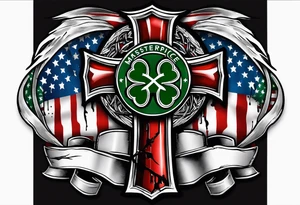 Celtics  cross with tattered anerican flag hanging over one and matching Irish flag on other tattoo idea