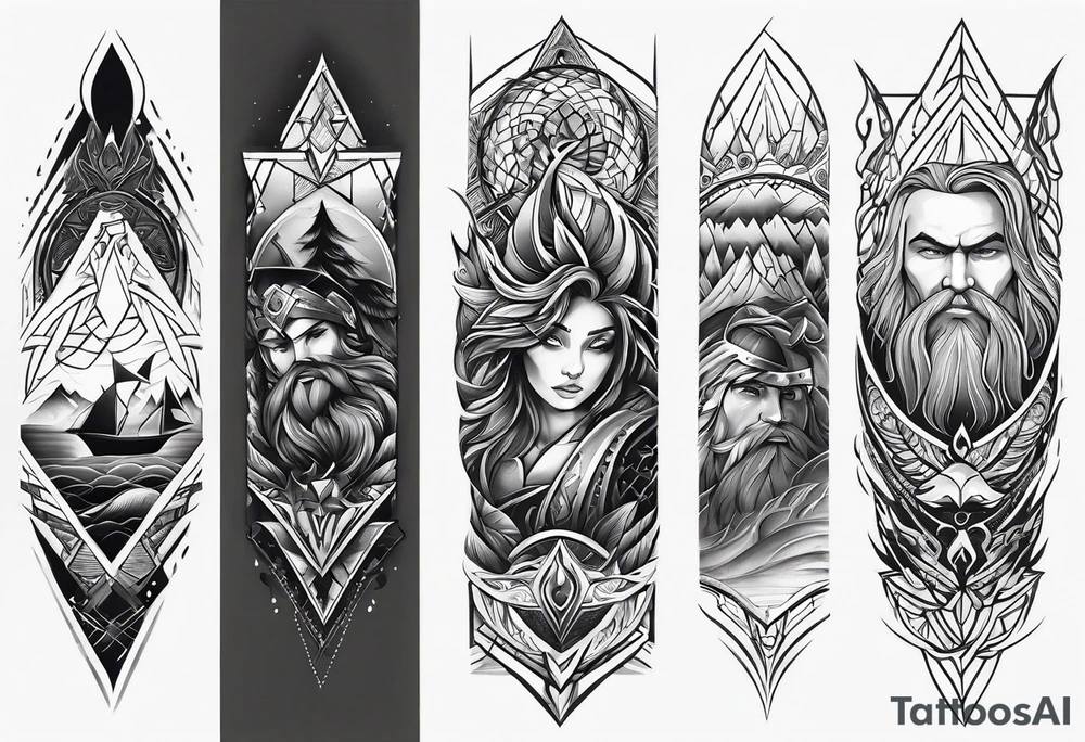 From left shoulder to forearm sleeve tattoo. Fine line geometric, concept design tattoo, ocean thunder fire nature, viking tattoo idea