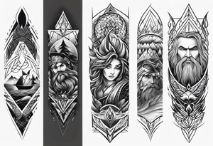From left shoulder to forearm sleeve tattoo. Fine line geometric, concept design tattoo, ocean thunder fire nature, viking tattoo idea