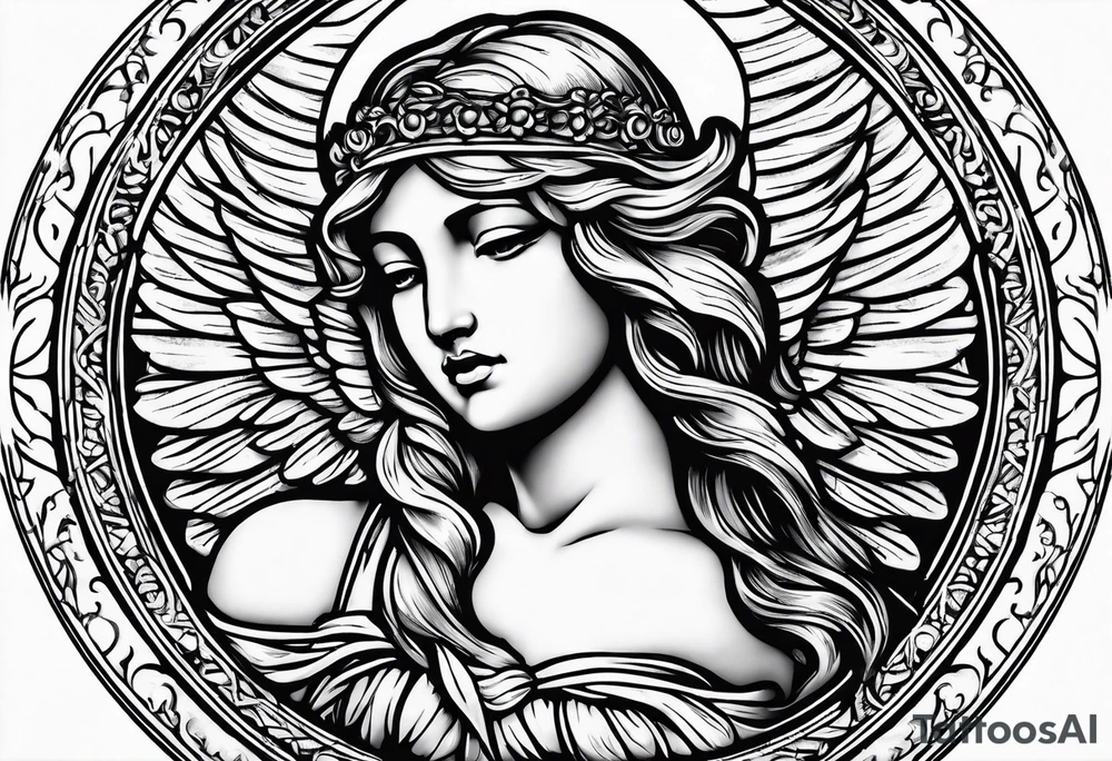 an angel engraving stamp style tattoo idea