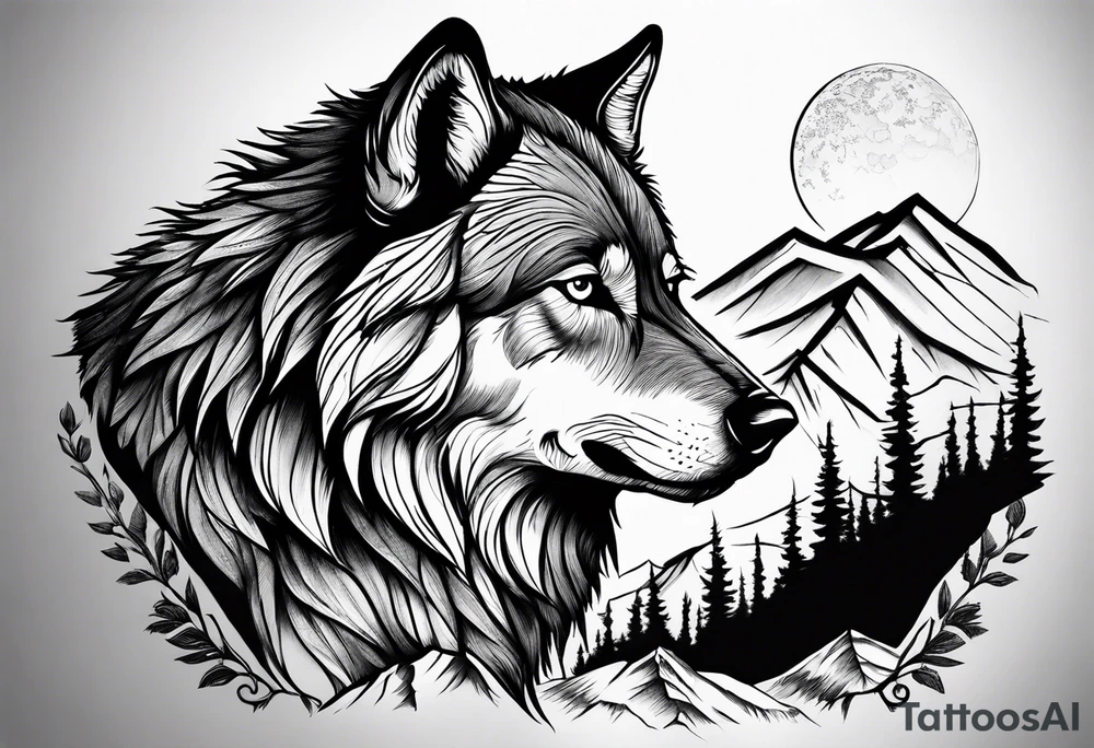Mountains, wolf in it tattoo idea