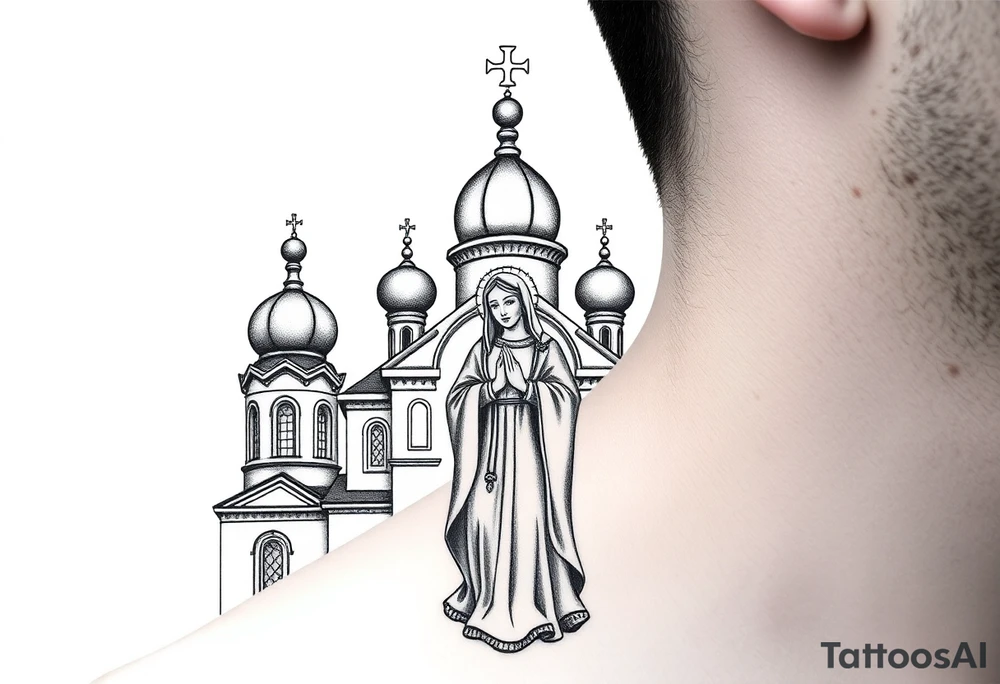Russian orthodox church with bulb domes with a prominent russian orthodox style virgin mary stood outside with hands together tattoo idea
