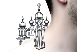 Russian orthodox church with bulb domes with a prominent russian orthodox style virgin mary stood outside with hands together tattoo idea