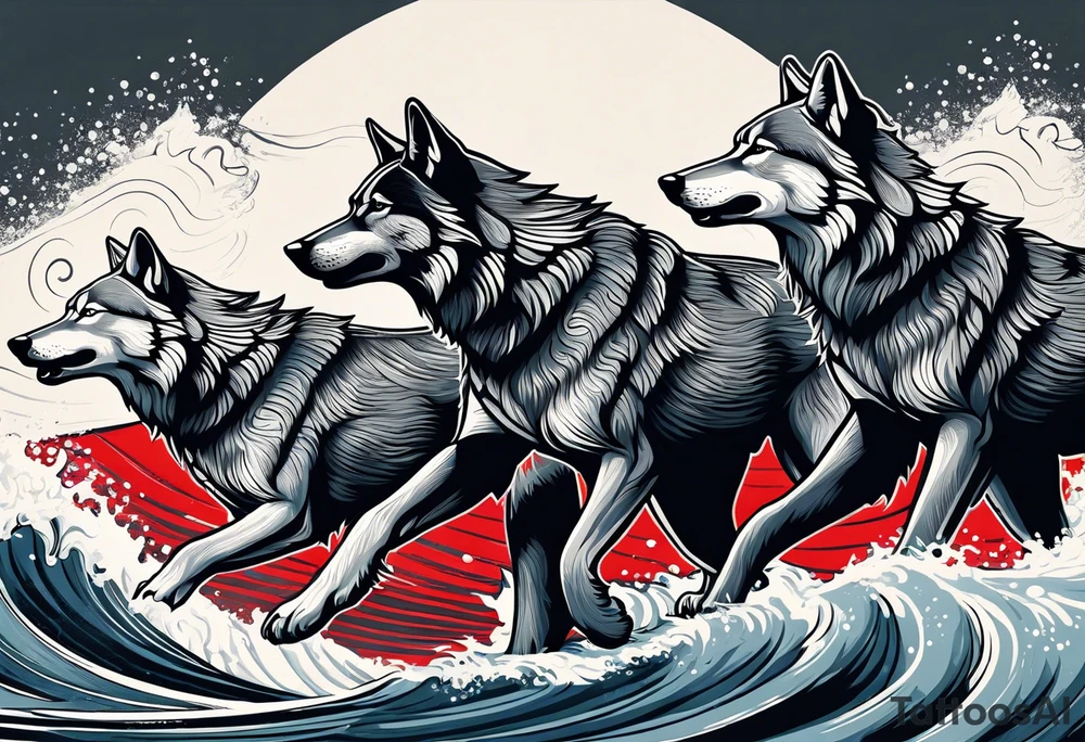 a pack of 3 howling muscular  gray wolves surfing waves with a linear background with red, white and black and gray tattoo idea