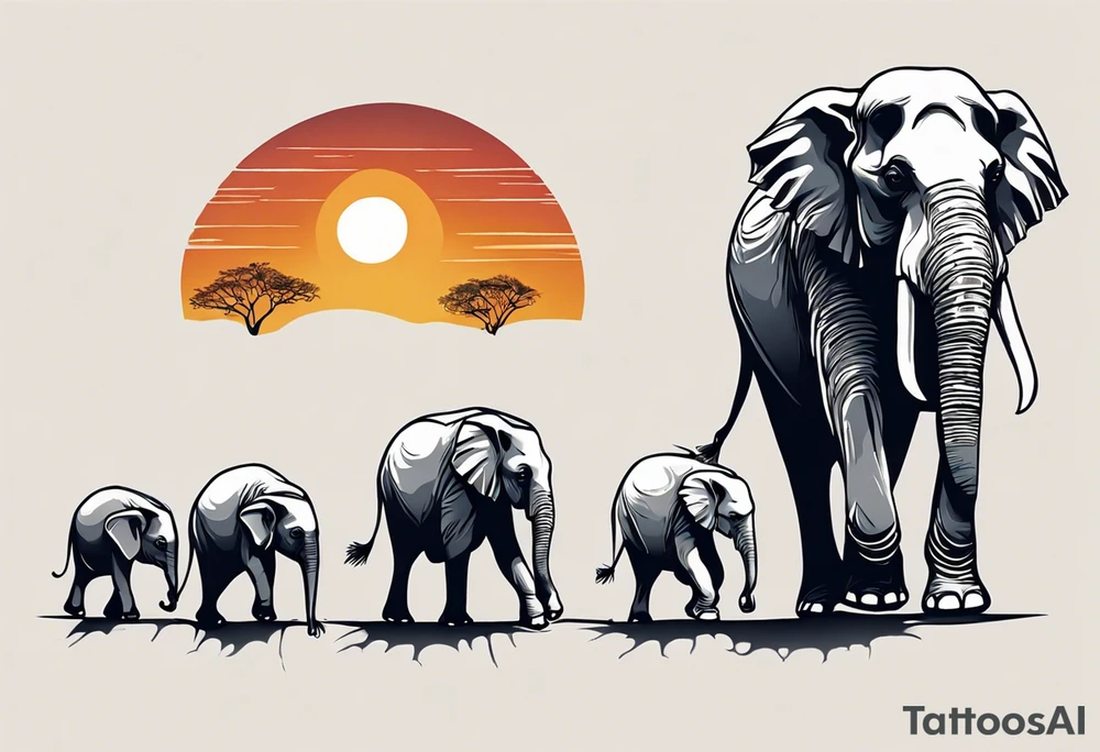 family of 6 elephants walking into sunset after one of them has died tattoo idea
