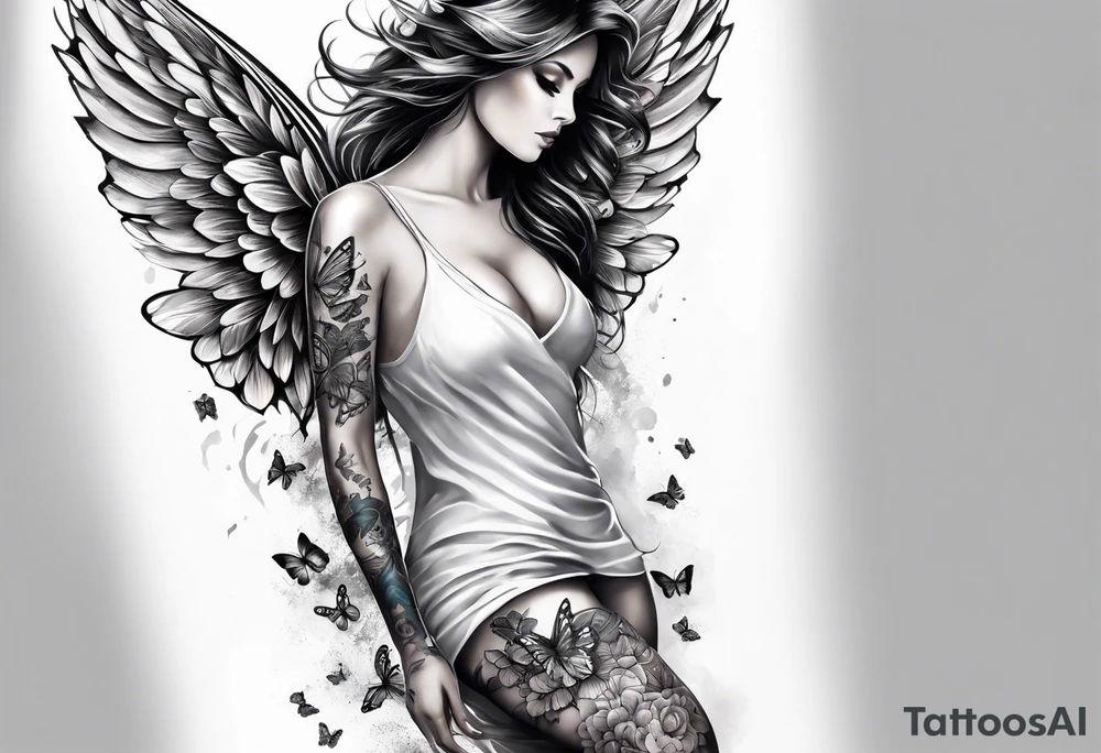 Leg sleeve Angel wing and butterfly tattoo idea