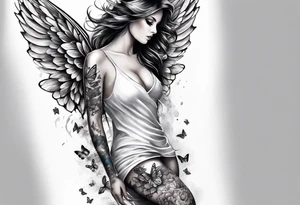 Leg sleeve Angel wing and butterfly tattoo idea