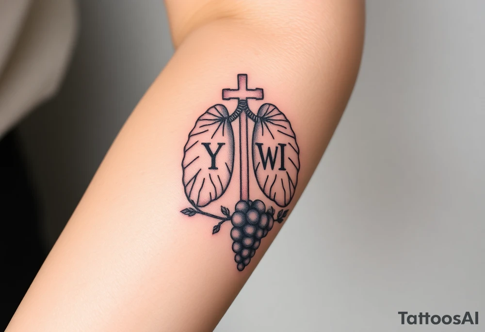 Initials YH WH in lungs with cross and grapes on vine tattoo idea