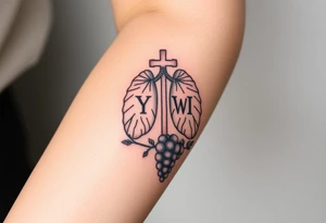 Initials YH WH in lungs with cross and grapes on vine tattoo idea