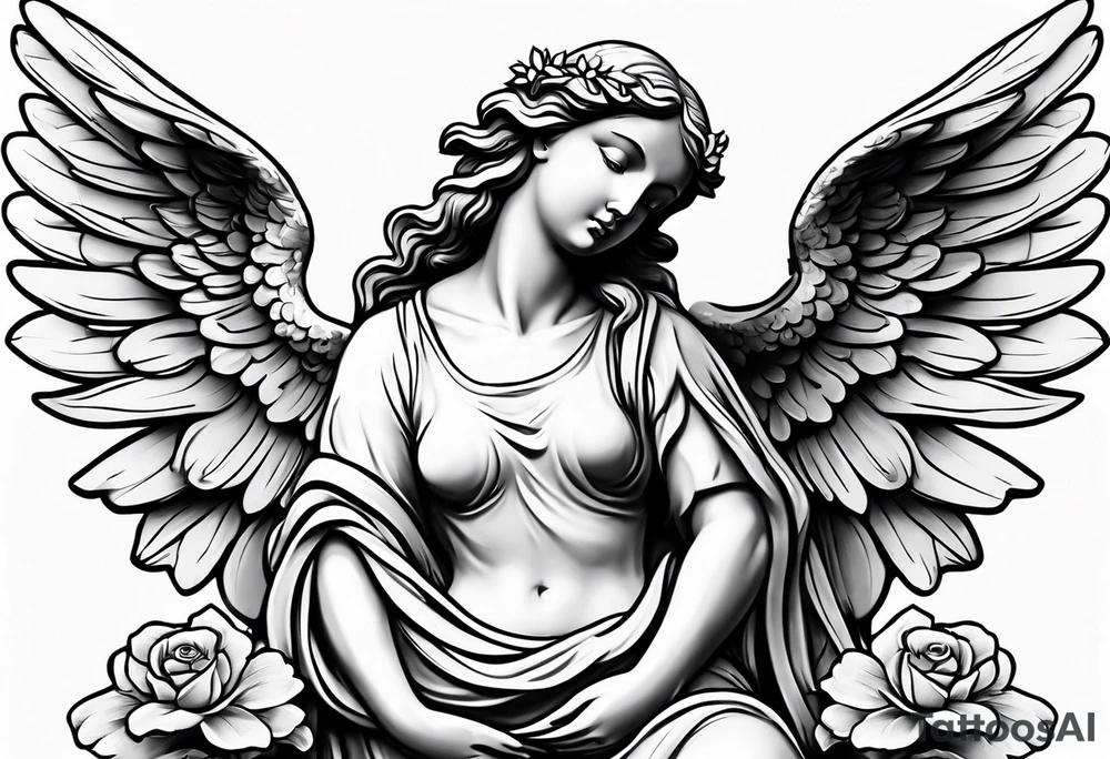 Simple Angel statue stood on a rock with daffodils and roses wrapped around its legs tattoo idea