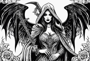 Lady grim reaper with wings, scythe and skulls tattoo idea