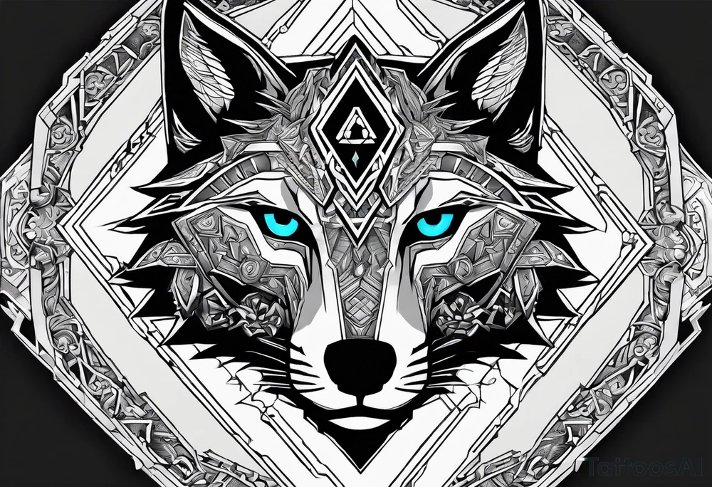 Legend of zelda link wolf in profile, in the center of his forhead is a diamond shape with a dot in the middle done in the style of black line work tattoo idea