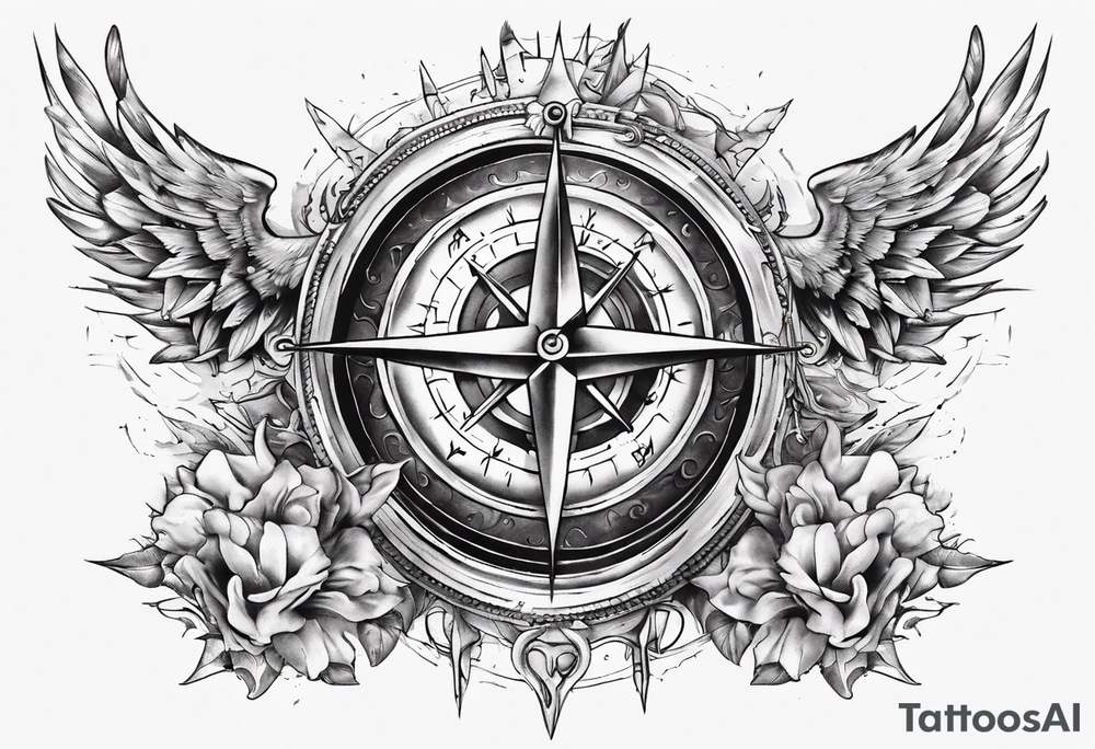 Chest tatoo with sun and letters and compass and angels tattoo idea