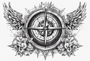 Chest tatoo with sun and letters and compass and angels tattoo idea