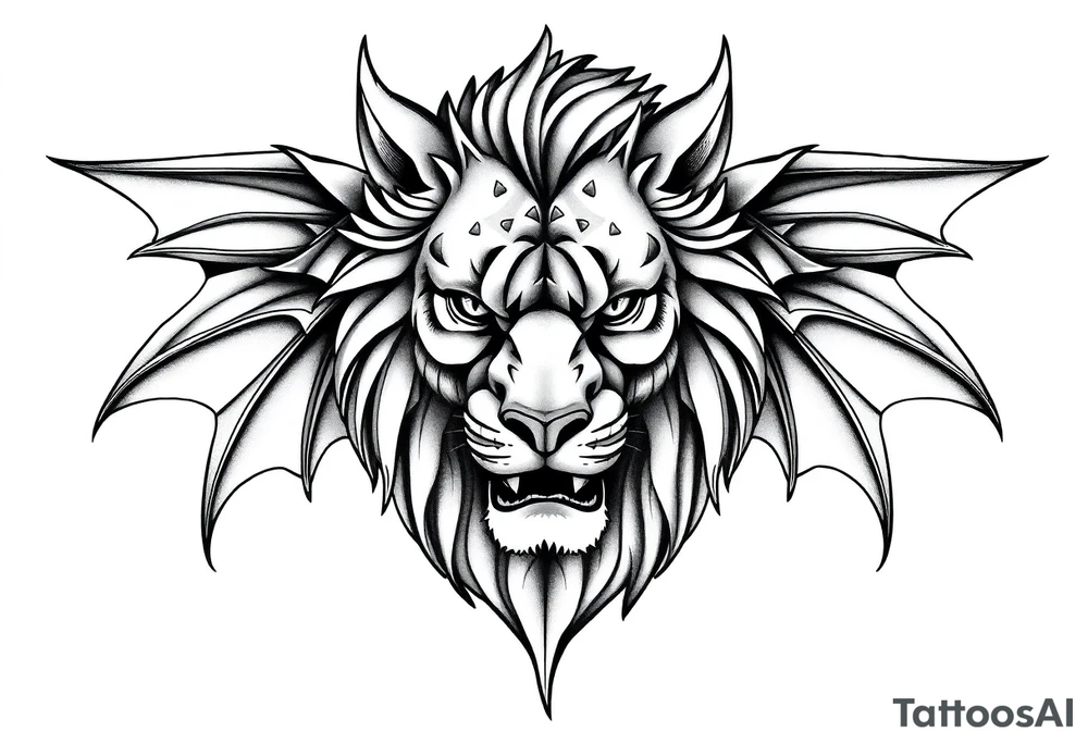 Female Lioness dragon face angel wings tattoo idea