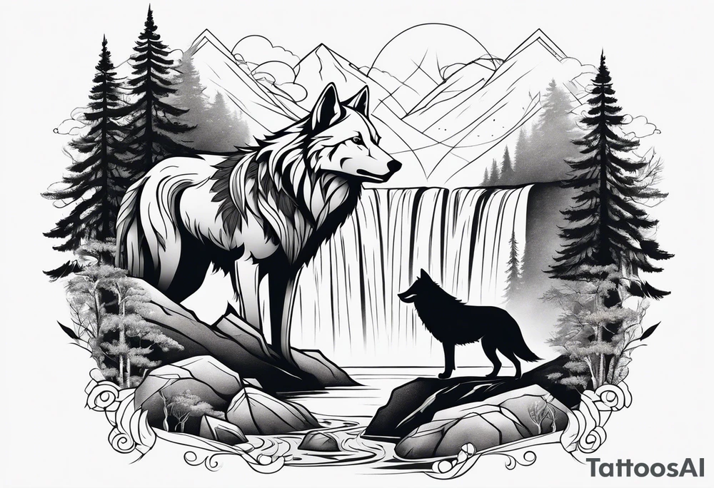 Wolf with waterfall and nature tattoo idea