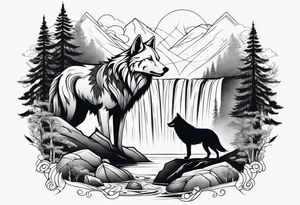Wolf with waterfall and nature tattoo idea