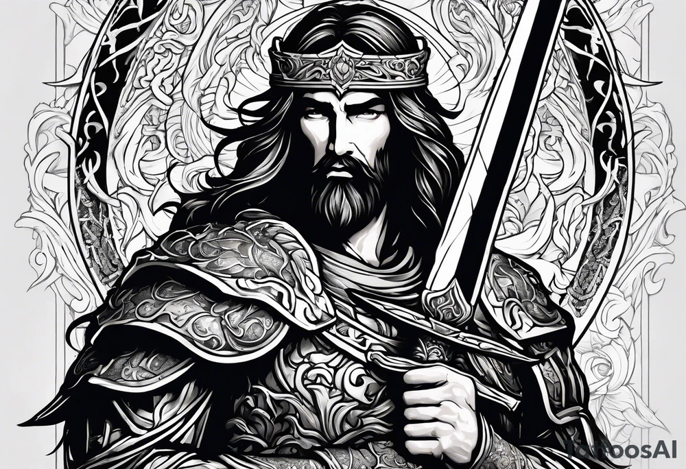 Almighty powerful Jesus in his indestructible armor and using his sword to cut off Serpent head tattoo idea