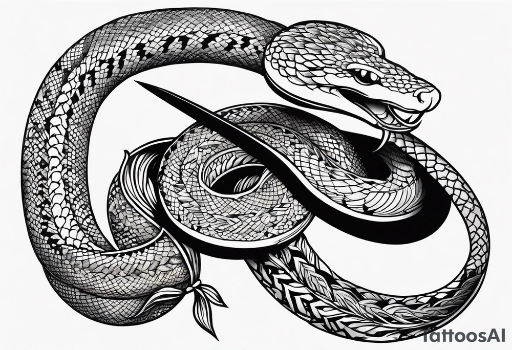 Aggresive Snake with a sword, this design must be in a vertical vertical proportion. Also, the desing must be minimalistic not saturated. tattoo idea