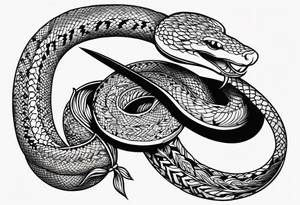 Aggresive Snake with a sword, this design must be in a vertical vertical proportion. Also, the desing must be minimalistic not saturated. tattoo idea