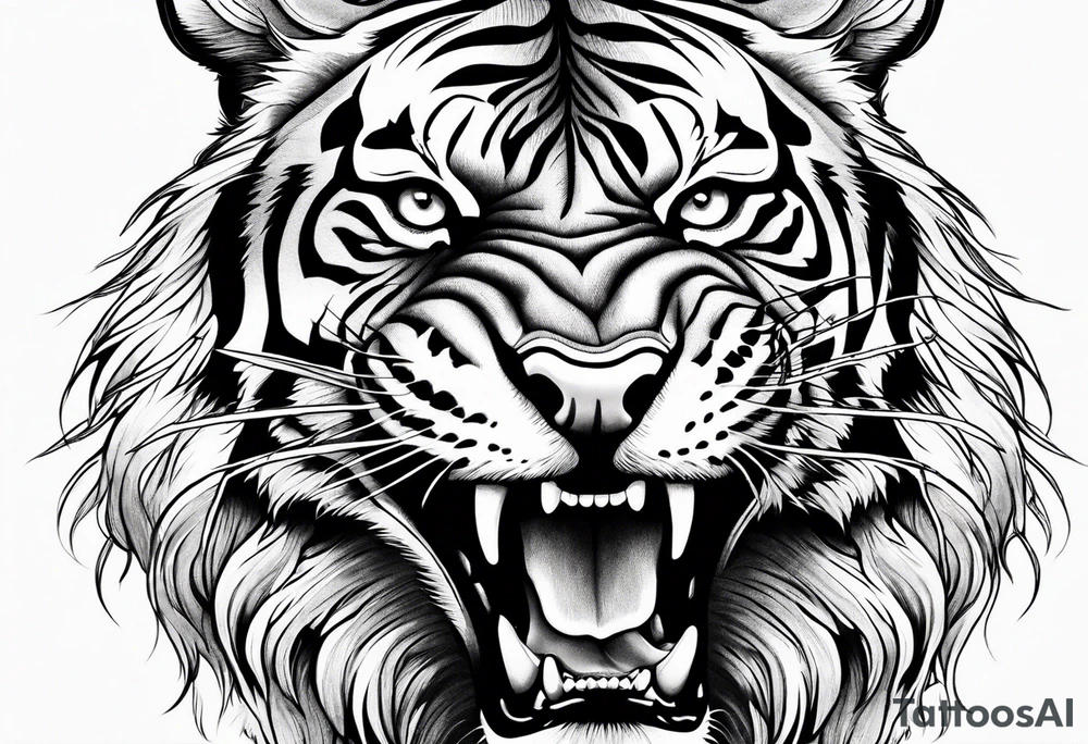 Photo Realism, highly detailed, Fierce tiger roaring tattoo idea