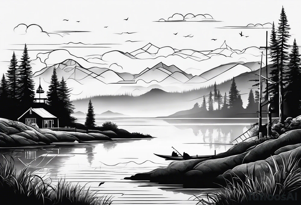 silhouette of landscape and fishingpole and line tattoo idea
